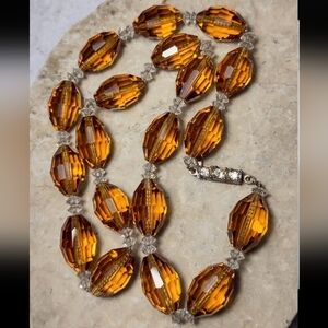 Antique Chunky AMBER Czech Glass Faceted Beads Art Deco NECKLACE 20"
